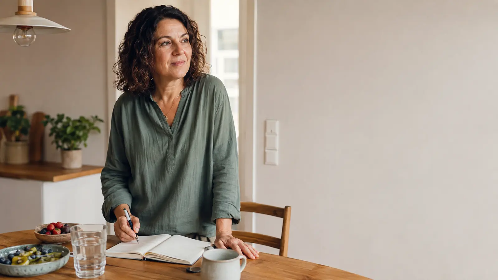 Frau schreibt in einer warmen Alltagsszene in ihr Journal - Federleicht-Post von Balance4Women