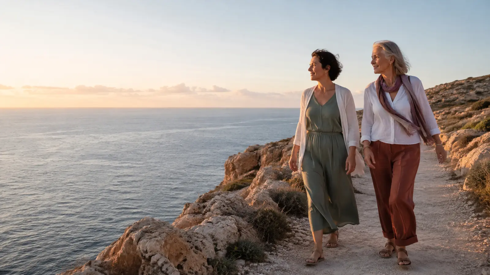 Zwei Frauen gehen im warmen Abendlicht an einer felsigen Küste entlang; links öffnet sich der Blick über das Meer.