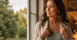Frau in der Lebensmitte steht in leichter Übergangskleidung an einem offenen Fenster.