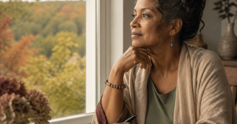 Frau blickt beim Schreiben in ihr Journal ruhig aus einem herbstlichen Fenster.
