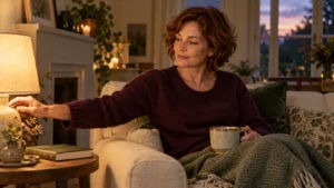 Frau in pflaumenfarbenem Strick schaltet bei einer ruhigen Abendpause eine Tischlampe aus.