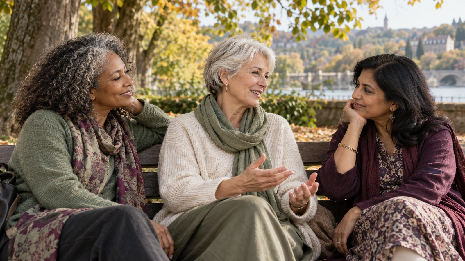 Drei Frauen unterschiedlicher Herkunft und Altersgruppen hören einander auf einer Parkbank zu.