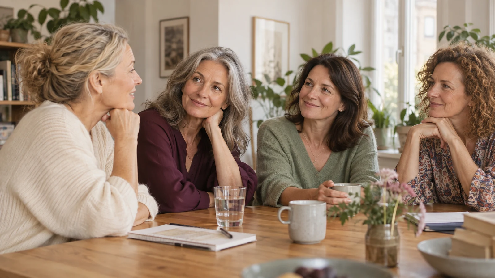 Frauen im Gespräch an einem hellen Tisch.